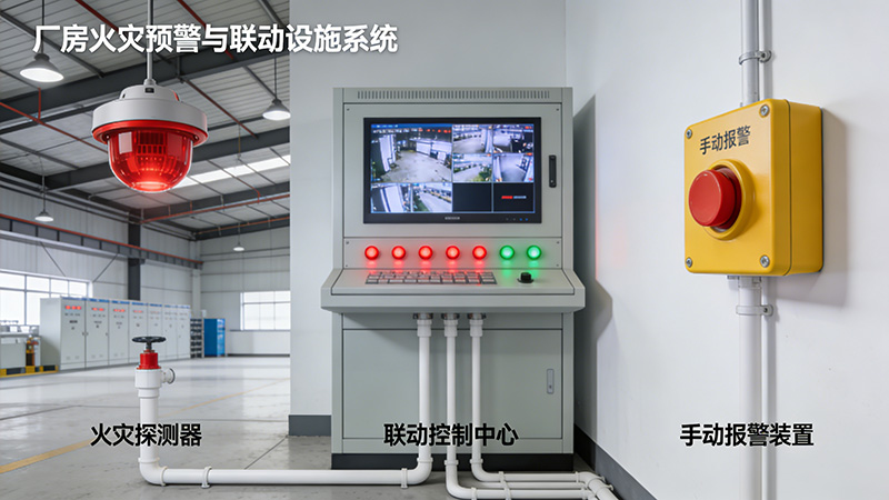 廠房火災(zāi)預(yù)警與聯(lián)動(dòng)設(shè)施示意圖